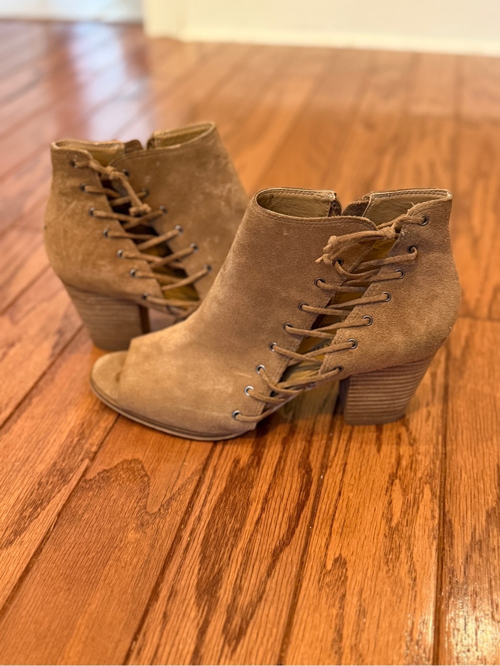 Lucky Brand Tan Suede Lace-Up Peep Toe Ankle Booties